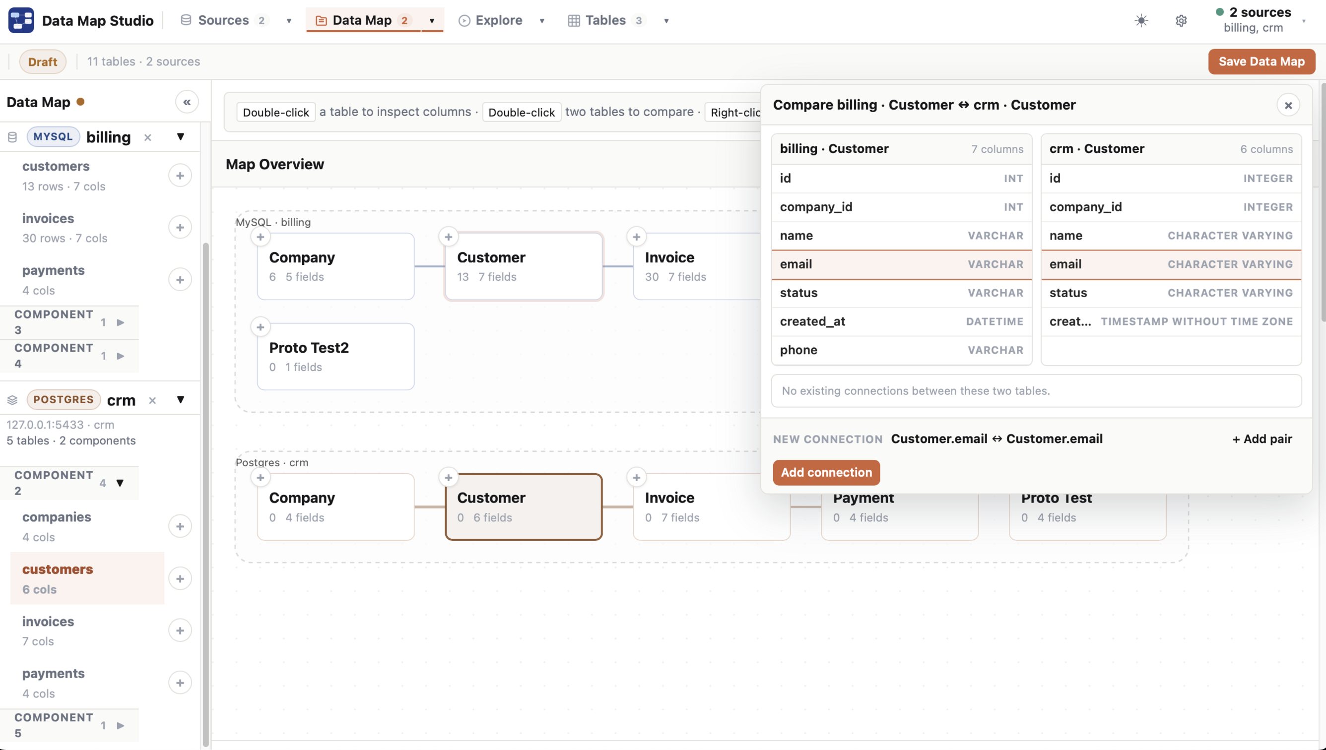Building a Data Map and adding a relationship between tables.